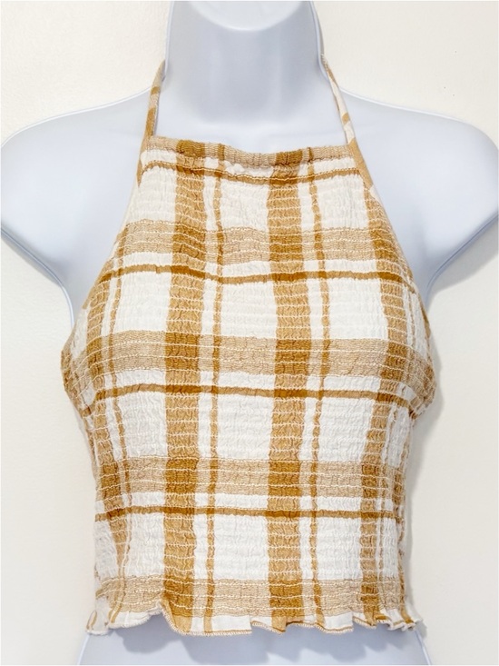 American Eagle Outfitters Tops - AMERICAN EAGLE Plaid Halter Crop Top Medium Mustard Yellow Smocked Summer